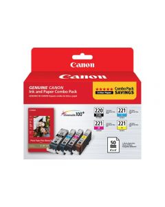 CANON 2945B011 PGI-220 Black and CLI-221 C/M/Y Color Ink Cartridges &amp; Photo Paper Combo 4/Pack